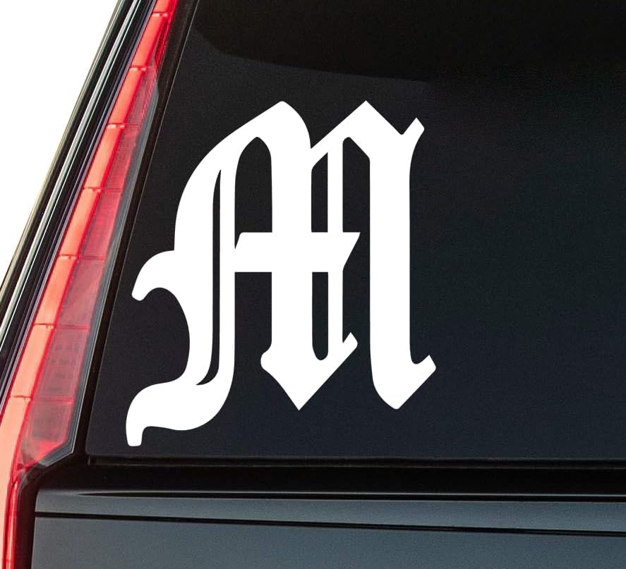 Old English Letter M Window Vinyl Decal Sticker 6" (White), Waterproof Vinyl Decals for Many Purpose Like Cars, Trucks, Laptops, Phones, Windows and More
