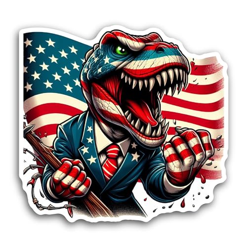 2 (Pieces) 3" and 5" Dinosaur Cheering with American Flag Decal Sticker, Waterproof Vinyl Decals for