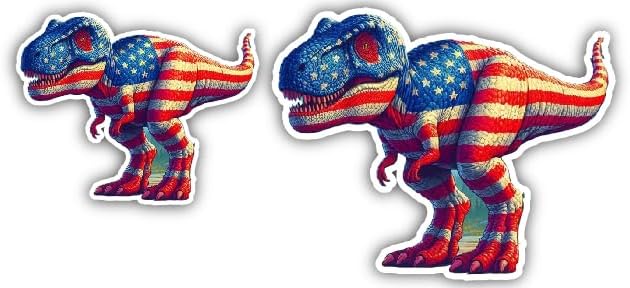 2 (Pieces) 3" and 5" Dinosaur Standing in American Flag Color Decal Sticker, Waterproof Vinyl Decals for Many Purpose Like Cars, Trucks, Laptops, Phones, Windows and More