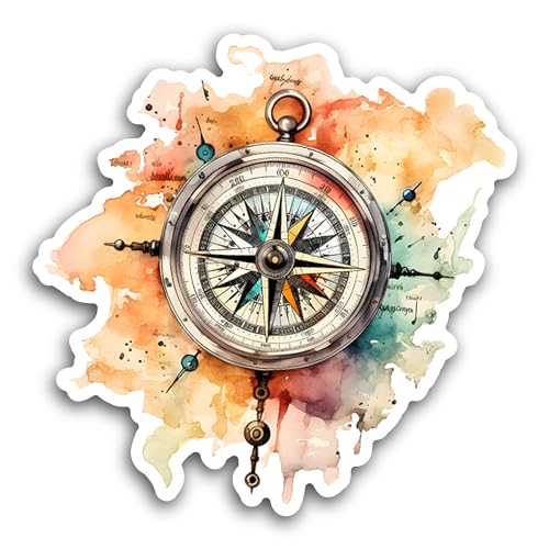 2 (Pieces) 3" and 5" Compass On A Orange Background Sticker, Waterproof Vinyl Decals for Many Purpos