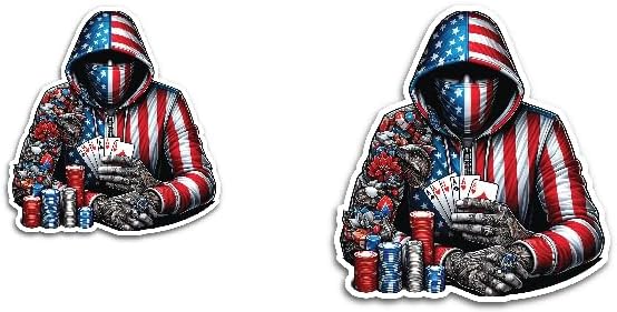 2 (Pieces) 3" and 5" Mask Man in Casino with Cards in American Flag Hoodie Decal Sticker, Waterproof Vinyl Decals for Many Purpose Like Cars, Trucks, Laptops, Phones, Windows and More
