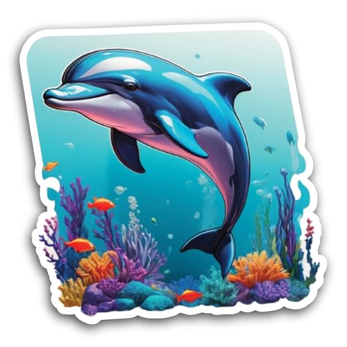 2 (Pieces) 3" and 5" Dolphin in The Water Sticker, Waterproof Vinyl Decals for Many Purpose Like Car