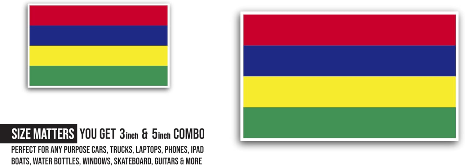 2 (Pieces) 3" and 5" Mauritius Flag Sticker, Waterproof Vinyl Decals for Many Purpose Like Cars, Trucks, Laptops, Phones, Windows and More