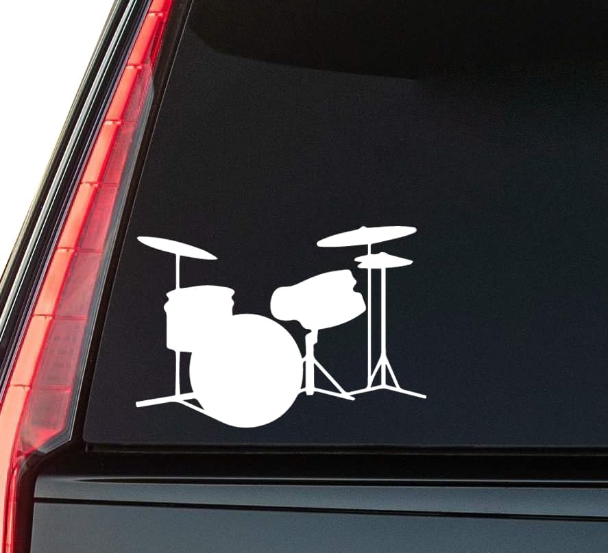 Drum Set Window Vinyl Decal Sticker 6" (White), Waterproof Vinyl Decals for Many Purpose Like Cars, Trucks, Laptops, Phones, Windows and More