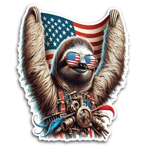 2 (Pieces) 3" and 5" Sloth Wearing Glasses with Flag and Machines Around Decal Sticker, Waterproof V