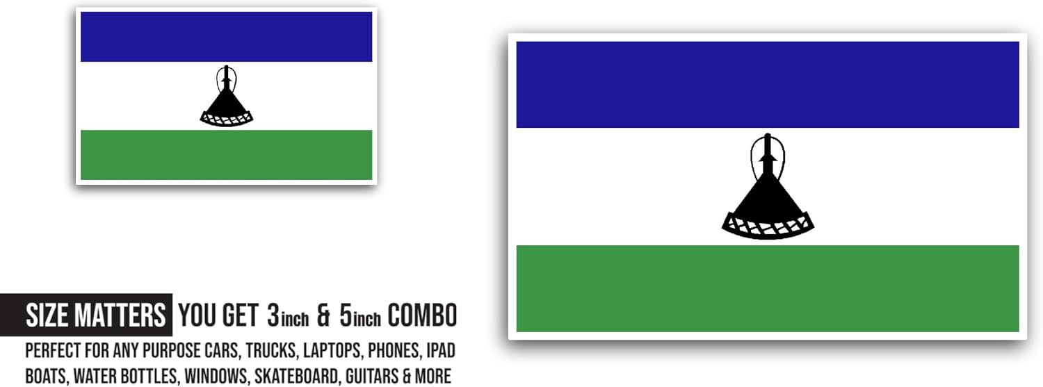 2 (Pieces) 3" and 5" Lesotho Flag Sticker, Waterproof Vinyl Decals for Many Purpose Like Cars, Trucks, Laptops, Phones, Windows and More