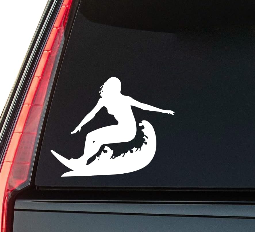 Surfer Girl Window Vinyl Decal Sticker 6" (White), Waterproof Vinyl Decals for Many Purpose Like Cars, Trucks, Laptops, Phones, Windows and More