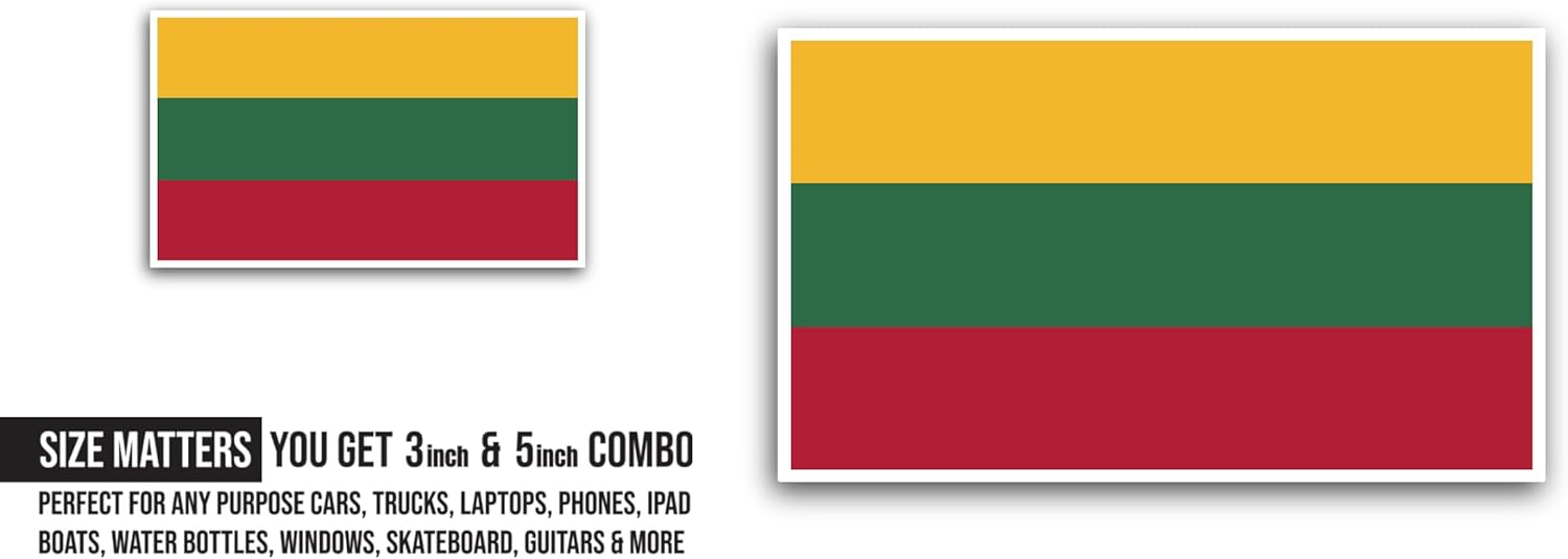 2 (Pieces) 3" and 5" Lithuania Flag Sticker, Waterproof Vinyl Decals for Many Purpose Like Cars, Trucks, Laptops, Phones, Windows and More