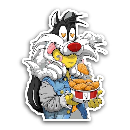 2 (Pieces) 3" and 5" Cartoon Cat Eating Chicken Sticker, Waterproof Vinyl Decals for Many Purpose Li