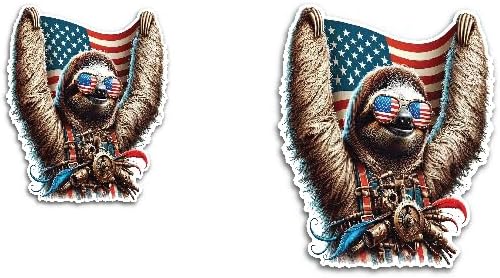 2 (Pieces) 3" and 5" Sloth Wearing Glasses with Flag and Machines Around Decal Sticker, Waterproof Vinyl Decals for Many Purpose Like Cars, Trucks, Laptops, Phones, Windows and More