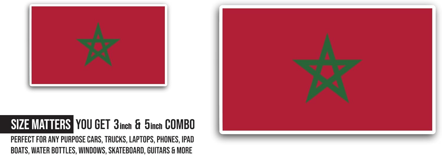 2 (Pieces) 3" and 5" Morocco Flag Sticker, Waterproof Vinyl Decals for Many Purpose Like Cars, Trucks, Laptops, Phones, Windows and More