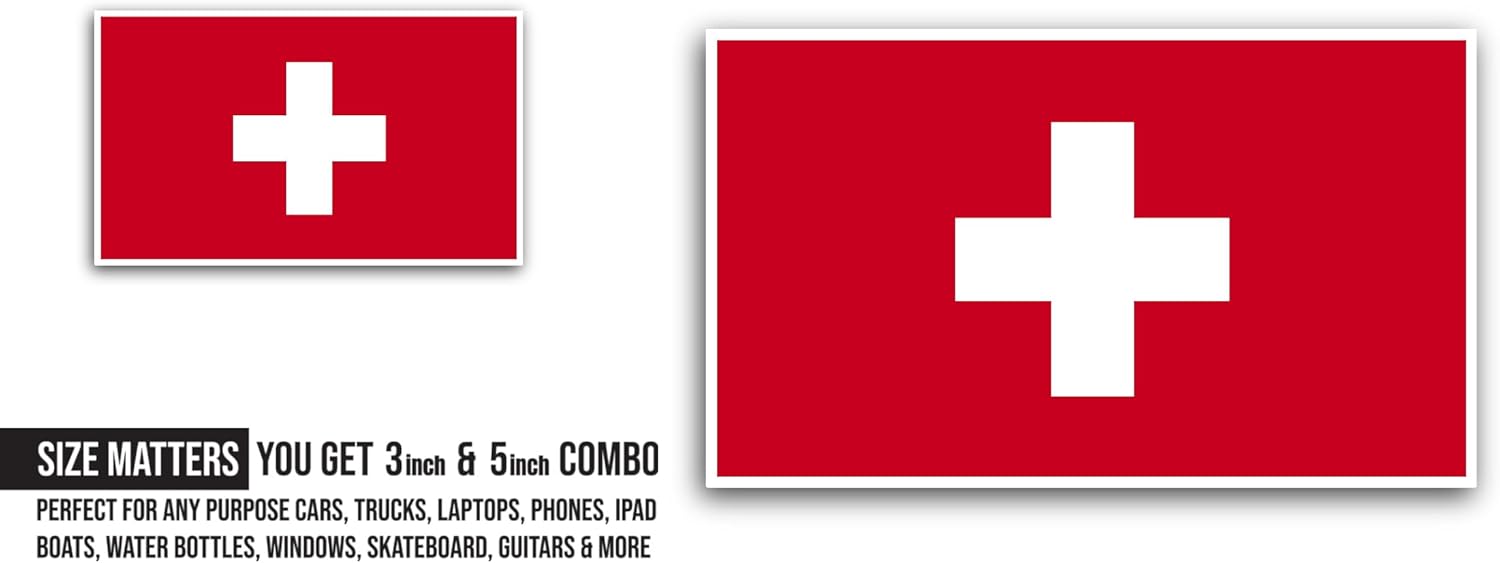 2 (Pieces) 3" and 5" Switzerland Flag Sticker, Waterproof Vinyl Decals for Many Purpose Like Cars, Trucks, Laptops, Phones, Windows and More
