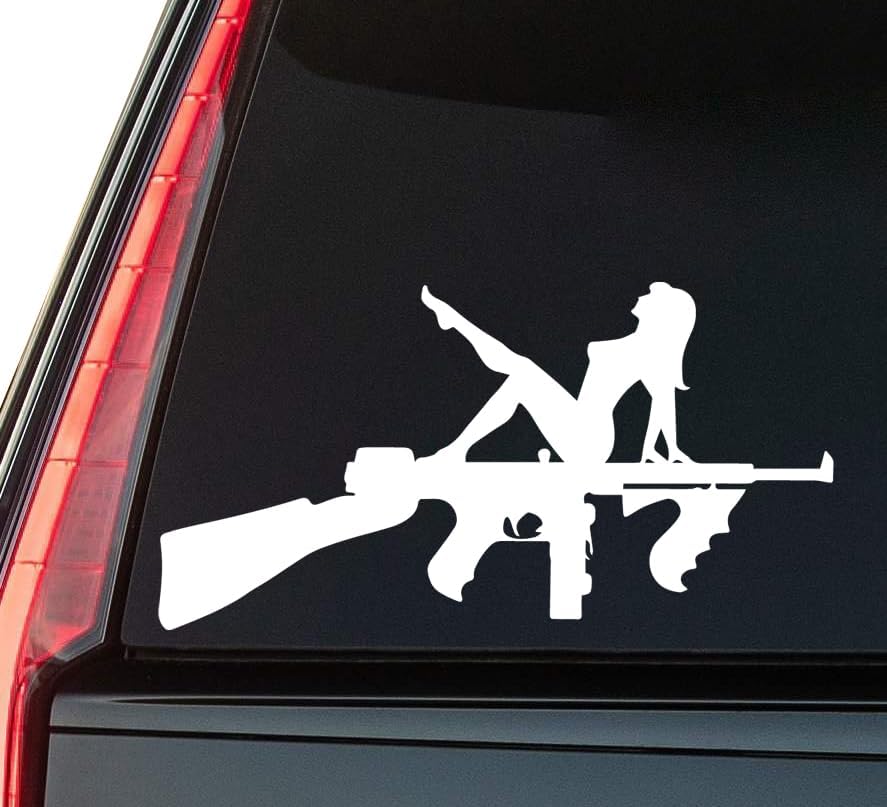 Girl with Gun Window Vinyl Decal Sticker 6" (White), Waterproof Vinyl Decals for Many Purpose Like Cars, Trucks, Laptops, Phones, Windows and More
