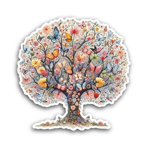 2 (Pieces) 3" and 5" A Tree with Butterflies Sticker, Waterproof Vinyl Decals for Many Purpose Like 