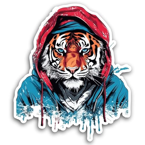 2 (Pieces) 3" and 5" Tiger in A Hoodie Sticker, Waterproof Vinyl Decals for Many Purpose Like Cars, 