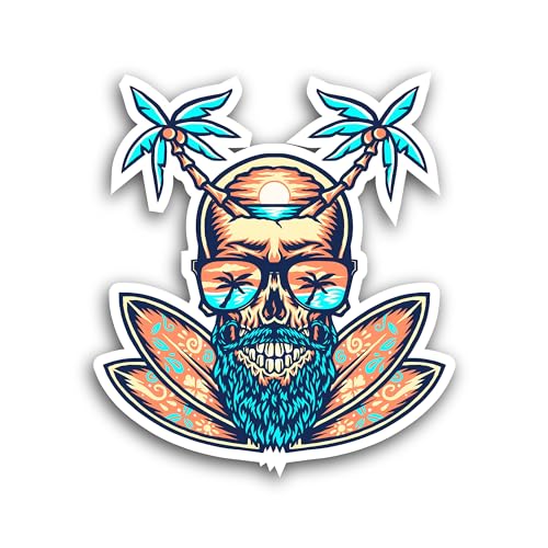 2 (Pieces) 3" and 5" Skull Summer Beach Sticker, Quality Waterproof Vinyl Decals for Many Purpose Li