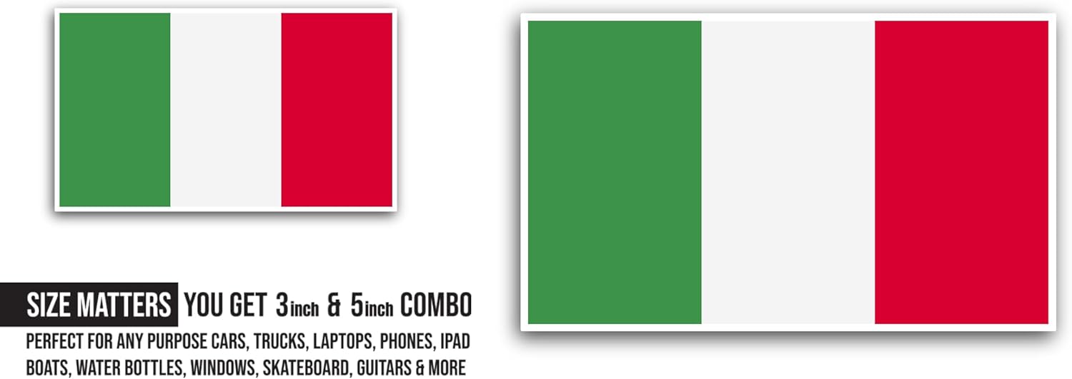 2 (Pieces) 3" and 5" Italy Flag Sticker, Waterproof Vinyl Decals for Many Purpose Like Cars, Trucks, Laptops, Phones, Windows and More