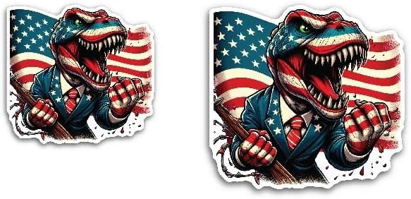 2 (Pieces) 3" and 5" Dinosaur Cheering with American Flag Decal Sticker, Waterproof Vinyl Decals for Many Purpose Like Cars, Trucks, Laptops, Phones, Windows and More