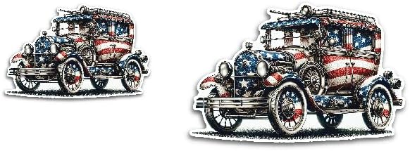 2 (Pieces) 3" and 5" Vintage Car with USA Flag Design Decal Sticker, Waterproof Vinyl Decals for Many Purpose Like Cars, Trucks, Laptops, Phones, Windows and More
