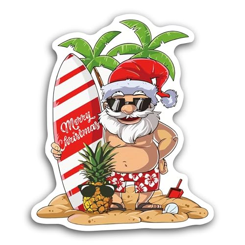 2 (Pieces) 3" and 5" Surfing Santa Cartoon Sticker, Waterproof Vinyl Decals for Many Purpose Like Ca