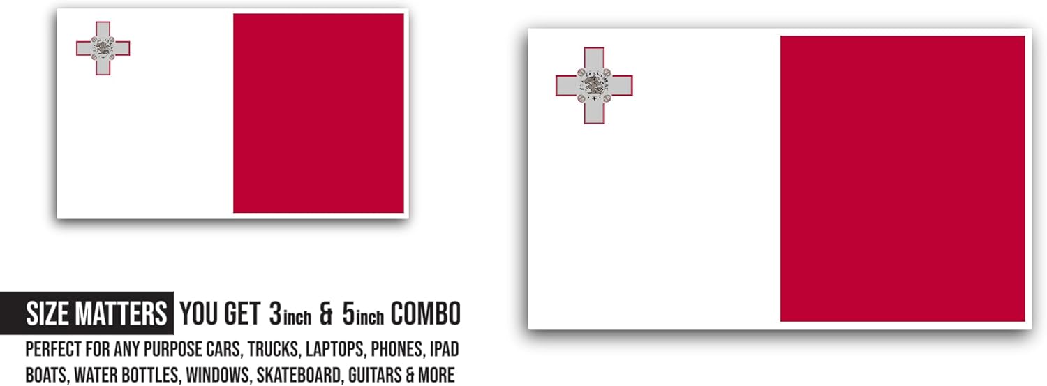 2 (Pieces) 3" and 5" Malta Flag Sticker, Waterproof Vinyl Decals for Many Purpose Like Cars, Trucks, Laptops, Phones, Windows and More