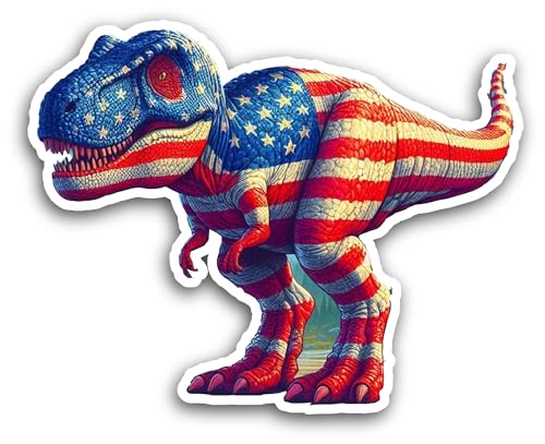 2 (Pieces) 3" and 5" Dinosaur Standing in American Flag Color Decal Sticker, Waterproof Vinyl Decals
