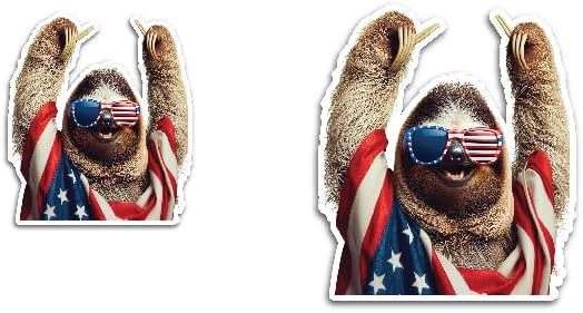 2 (Pieces) 3" and 5" Sloth Wearing Glasses with Flag Cloth Decal Sticker, Waterproof Vinyl Decals for Many Purpose Like Cars, Trucks, Laptops, Phones, Windows and More