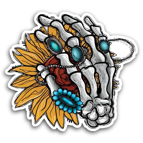 2 (Pieces) 3" and 5" Skeleton Hand with Sunflower Sticker, Waterproof Vinyl Decals for Many Purpose 