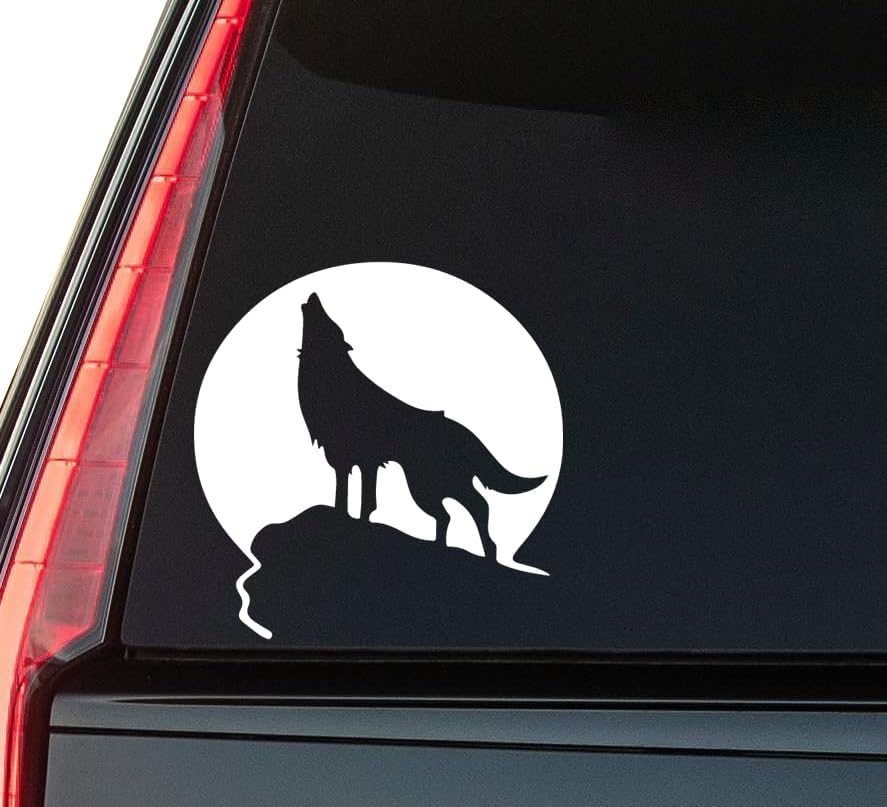 Wolf Howling at Moon Window Vinyl Decal Sticker 6" (White), Waterproof Vinyl Decals for Many Purpose Like Cars, Trucks, Laptops, Phones, Windows and More