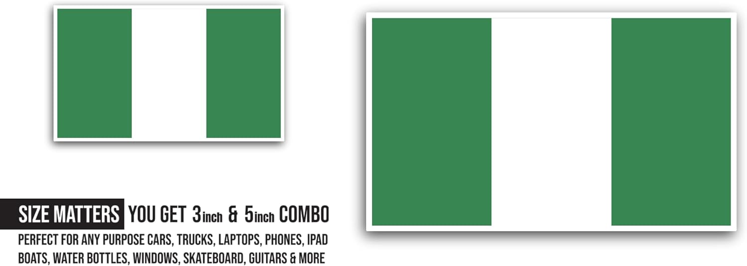 2 (Pieces) 3" and 5" Nigeria Flag Sticker, Waterproof Vinyl Decals for Many Purpose Like Cars, Trucks, Laptops, Phones, Windows and More