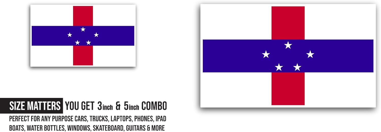 2 (Pieces) 3" and 5" Netherlands Antilles Flag Sticker, Waterproof Vinyl Decals for Many Purpose Like Cars, Trucks, Laptops, Phones, Windows and More