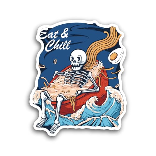 2 (Pieces) 3" and 5" Skeleton is Soaking in The Noodle Bowl Sticker, Waterproof Vinyl Decals for Man