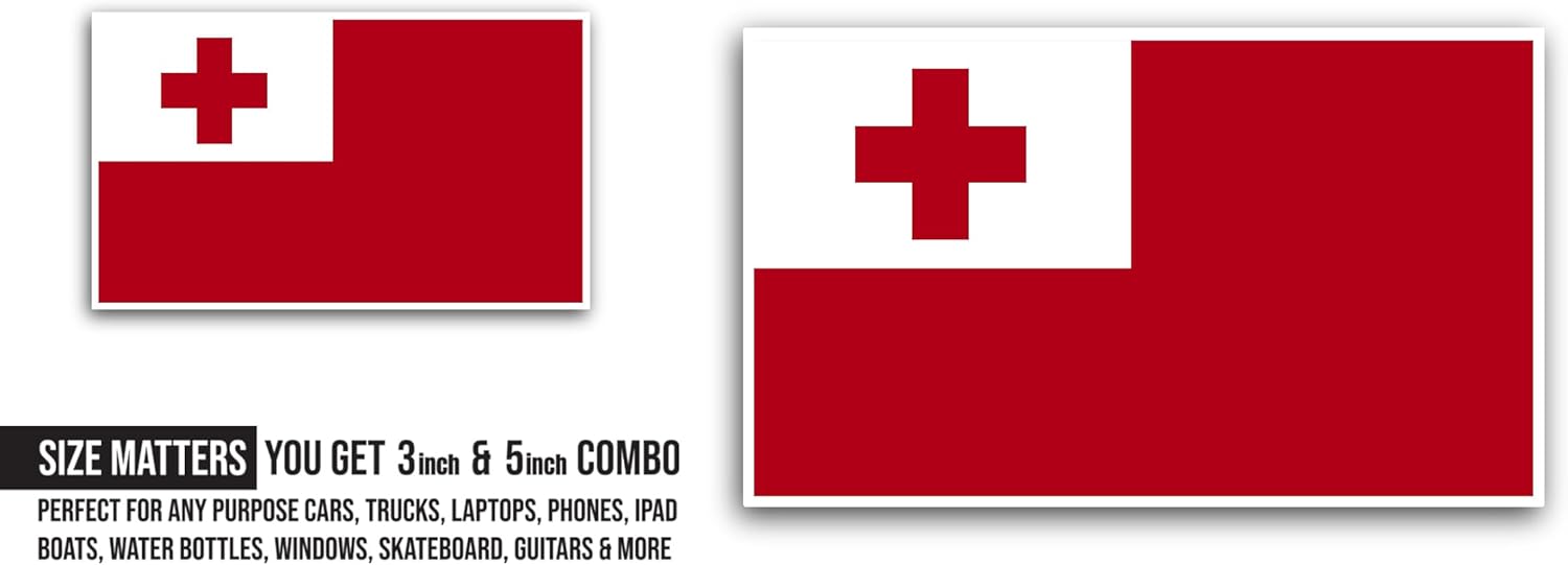 2 (Pieces) 3" and 5" Tonga Flag Sticker, Waterproof Vinyl Decals for Many Purpose Like Cars, Trucks, Laptops, Phones, Windows and More