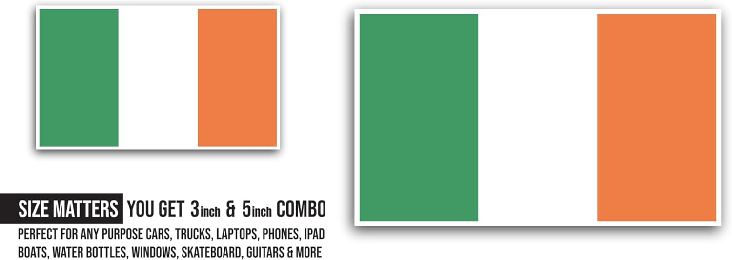 2 (Pieces) 3" and 5" Ireland Flag Sticker, Waterproof Vinyl Decals for Many Purpose Like Cars, Trucks, Laptops, Phones, Windows and More