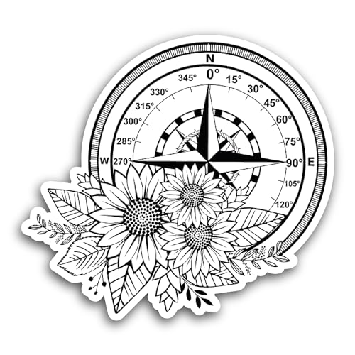 2 (Pieces) 3" and 5" Vintage Compass with Flowers Sticker, Waterproof Vinyl Decals for Many Purpose 