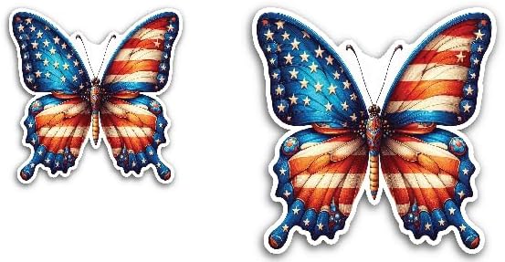 2 (Pieces) 3" and 5" Butterfly with US Flag Desgin Decal Sticker, Waterproof Vinyl Decals for Many Purpose Like Cars, Trucks, Laptops, Phones, Windows and More