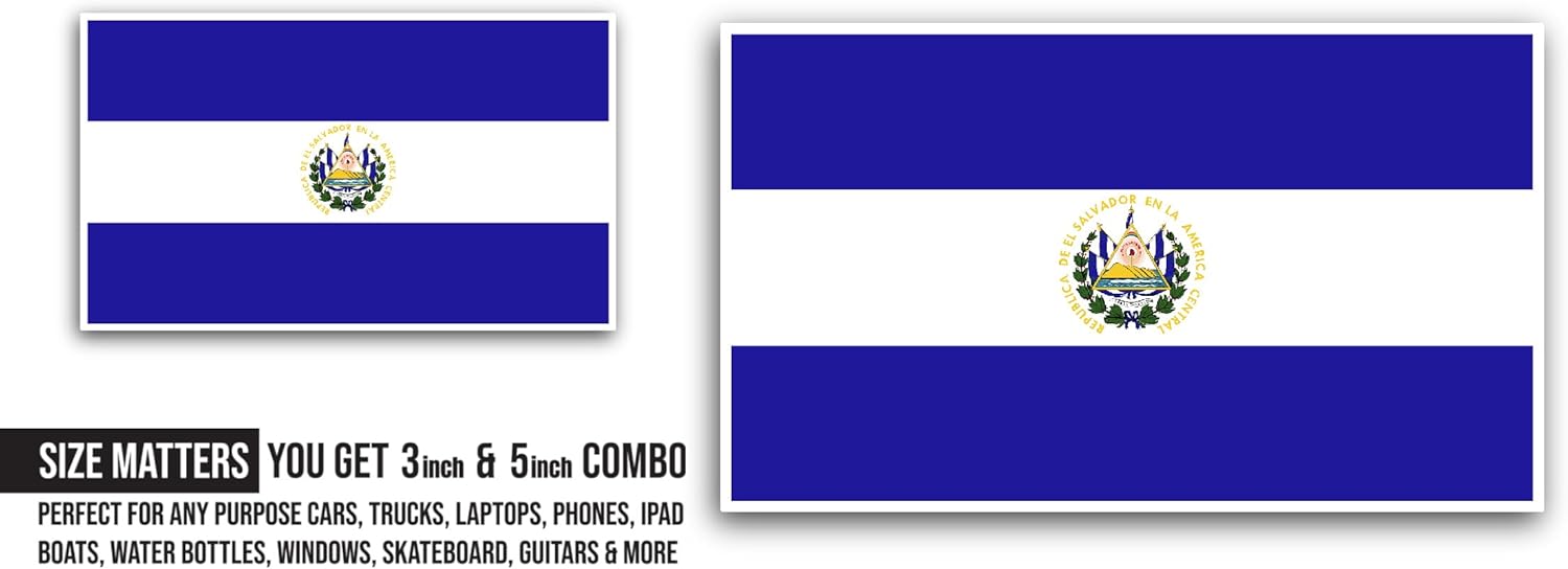 2 (Pieces) 3" and 5" El Salvador Flag Sticker, Waterproof Vinyl Decals for Many Purpose Like Cars, Trucks, Laptops, Phones, Windows and More