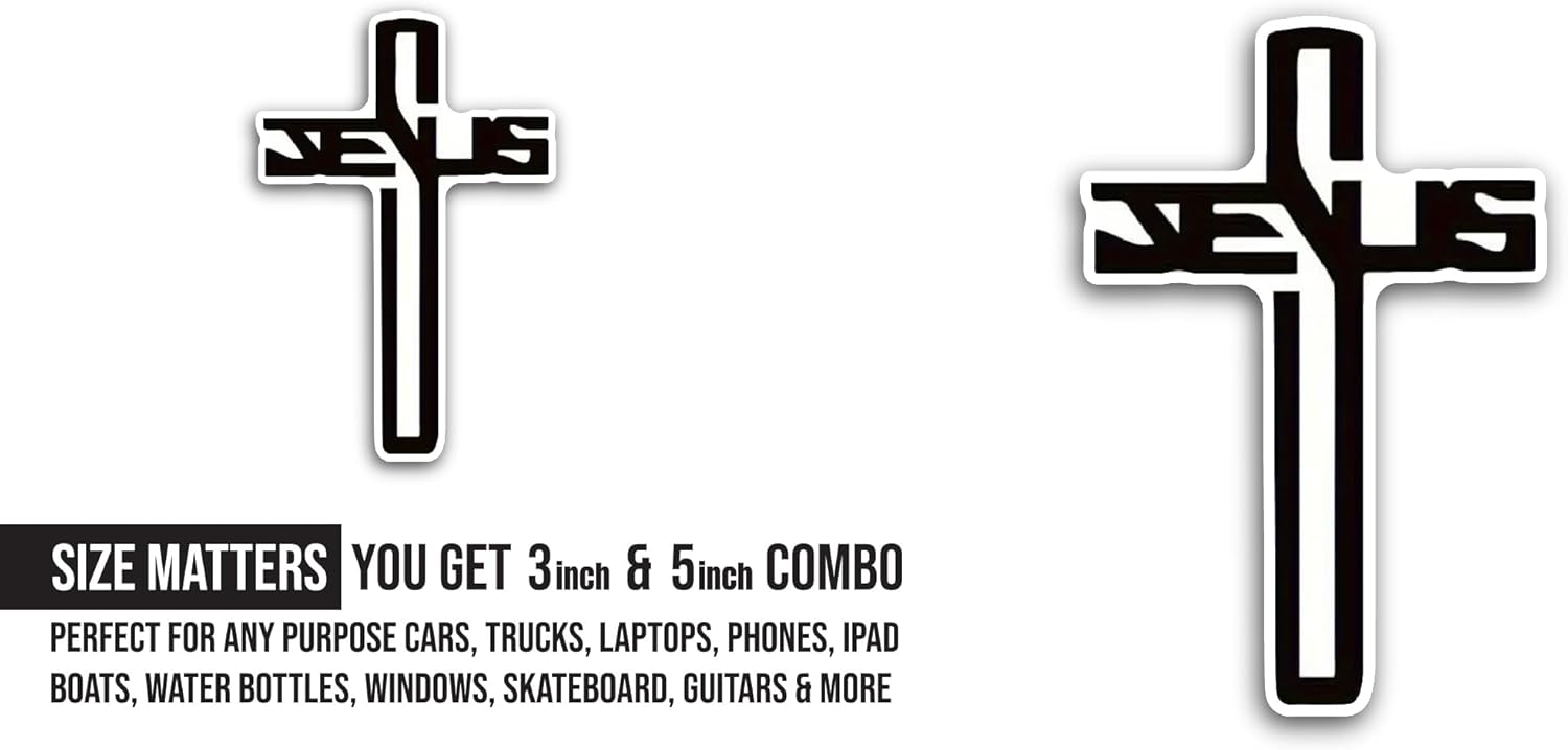 2 (Pieces) 3" and 5" Jesus Word Cross Sticker, Waterproof Vinyl Decals for Many Purpose Like Cars, Trucks, Laptops, Phones, Windows and More