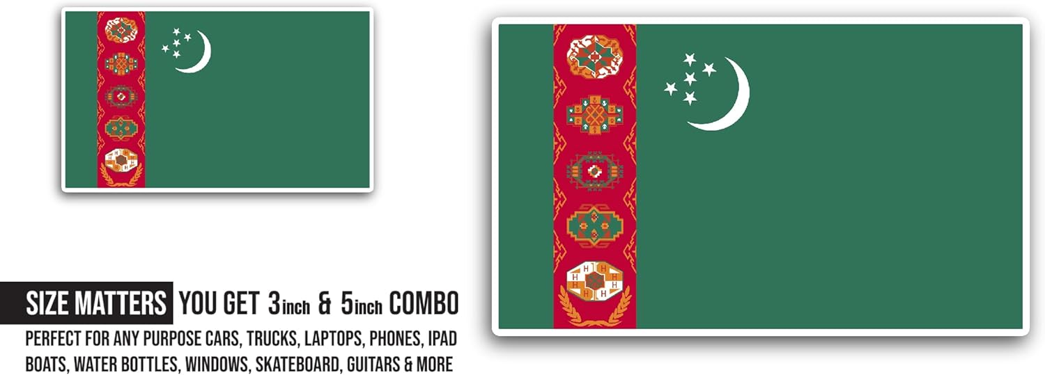 2 (Pieces) 3" and 5" Turkmenistan Flag Sticker, Waterproof Vinyl Decals for Many Purpose Like Cars, Trucks, Laptops, Phones, Windows and More