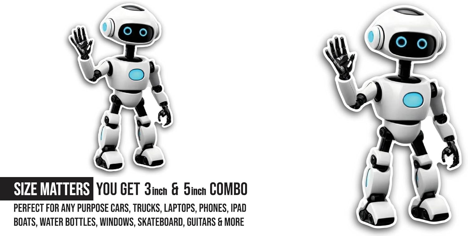 2 (Pieces) 3" and 5" Cute Robot Sticker, Waterproof Vinyl Decals for Many Purpose Like Cars, Trucks, Laptops, Phones, Windows and More
