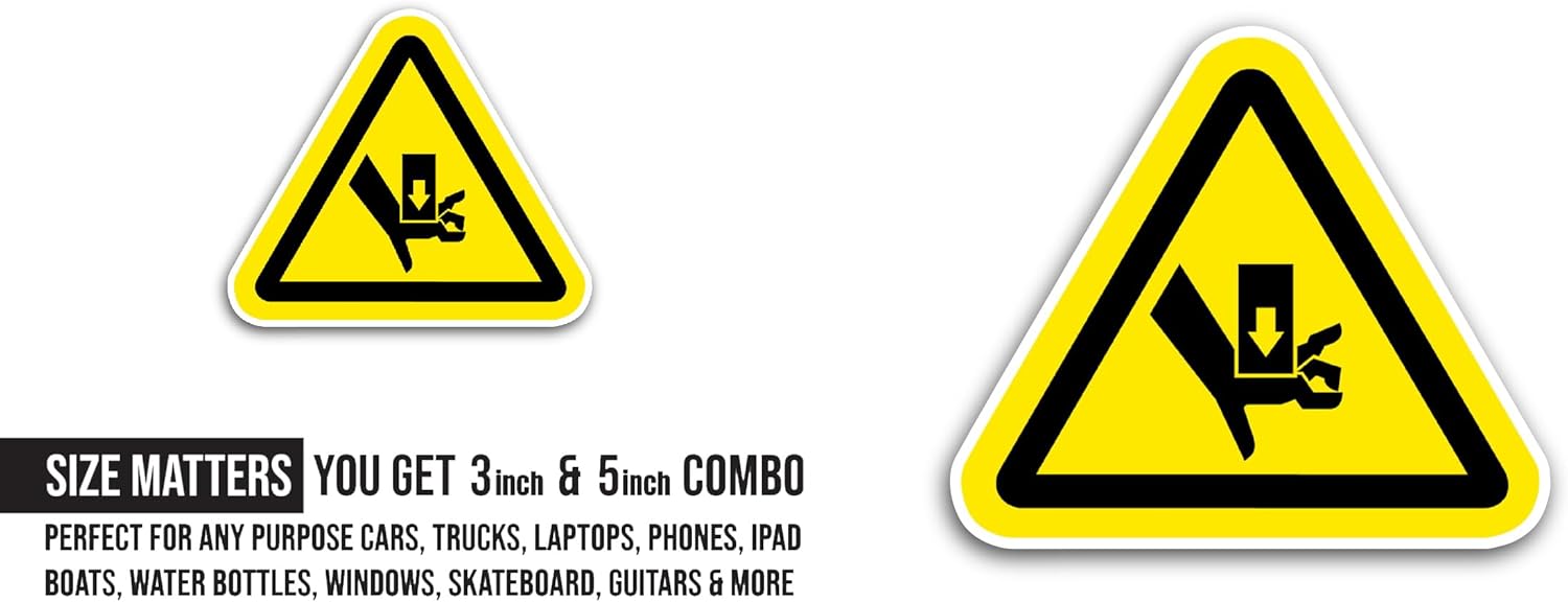 2 (Pieces) 3" and 5" Warning Crush Injury Risk Sticker, Waterproof Vinyl Decals for Many Purpose Like Cars, Trucks, Laptops, Phones, Windows and More