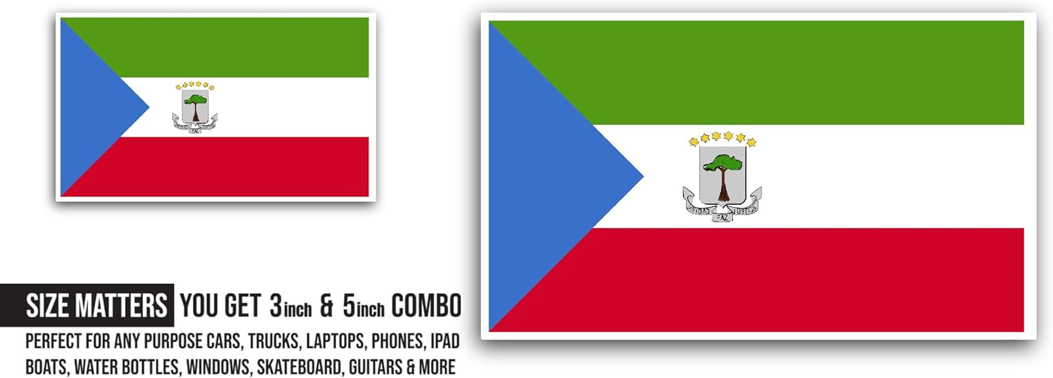 2 (Pieces) 3" and 5" Equatorial Guinea Flag Sticker, Waterproof Vinyl Decals for Many Purpose Like Cars, Trucks, Laptops, Phones, Windows and More