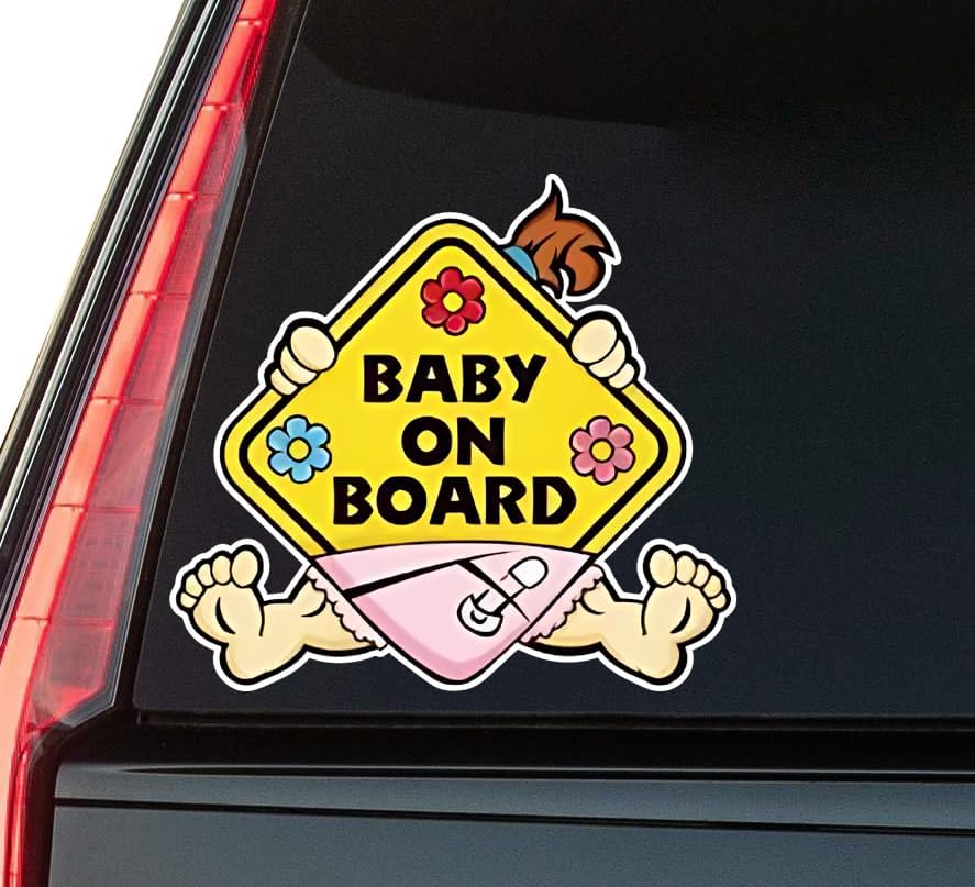 Baby On Board Sign On Yellow Background Window Vinyl Decal Sticker 6" (White), Waterproof Vinyl Decals for Many Purpose Like Cars, Trucks, Laptops, Phones, Windows and More