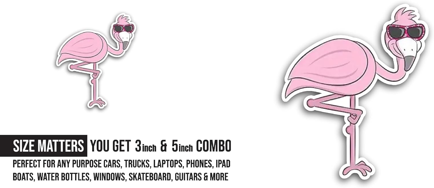 2 (Pieces) 3" and 5" Funny Pink Flamingo Sticker, Waterproof Vinyl Decals for Many Purpose Like Cars, Trucks, Laptops, Phones, Windows and More