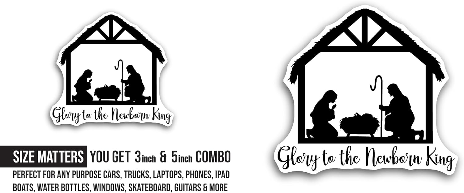 2 (Pieces) 3" and 5" Baby Jesus in Bethlehem Sticker, Waterproof Vinyl Decals for Many Purpose Like Cars, Trucks, Laptops, Phones, Windows and More