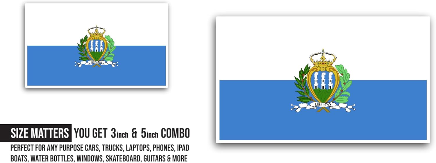 2 (Pieces) 3" and 5" San Marino Flag Sticker, Waterproof Vinyl Decals for Many Purpose Like Cars, Trucks, Laptops, Phones, Windows and More