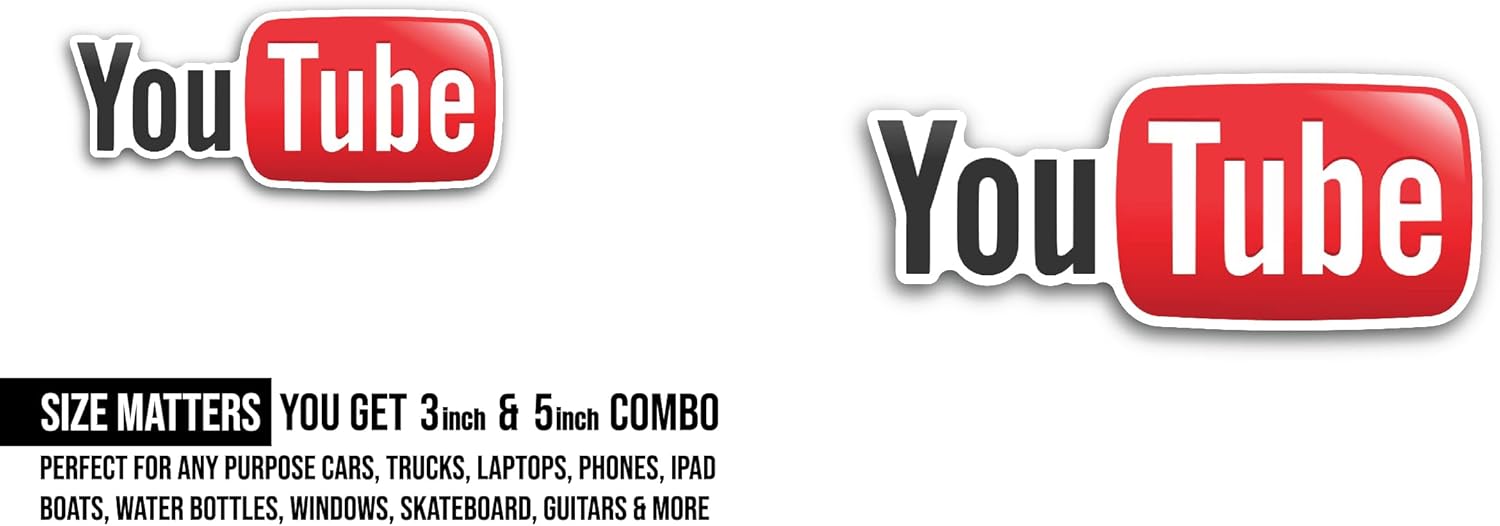 2 (Pieces) 3" and 5" You Tube Sticker, Waterproof Vinyl Decals for Many Purpose Like Cars, Trucks, Laptops, Phones, Windows and More