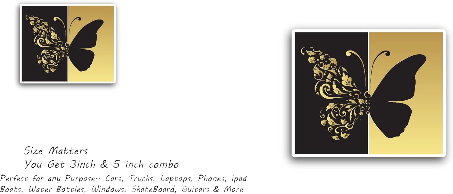 2 (Pieces) 3" and 5" Gold Glitter Butterfly Sticker, Waterproof Vinyl Decals for Many Purpose Like Cars, Trucks, Laptops, Phones, Windows and More