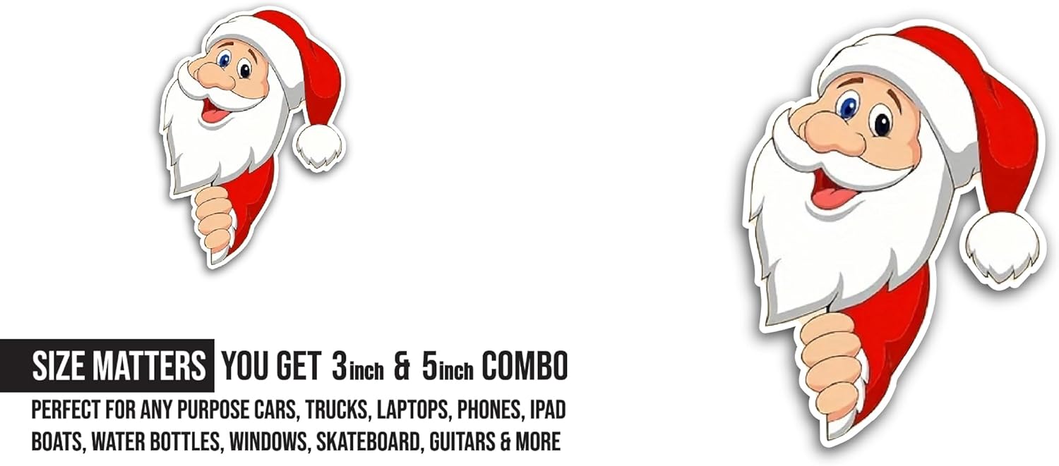 2 (Pieces) 3" and 5" Santa Claus Cartoon Sticker, Waterproof Vinyl Decals for Many Purpose Like Cars, Trucks, Laptops, Phones, Windows and More