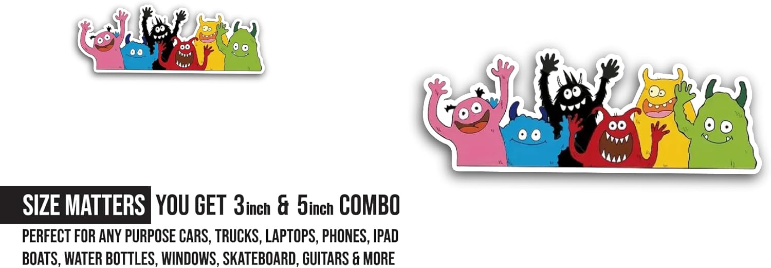 2 (Pieces) 3" and 5" Cartoon Monsters Sticker, Waterproof Vinyl Decals for Many Purpose Like Cars, Trucks, Laptops, Phones, Windows and More